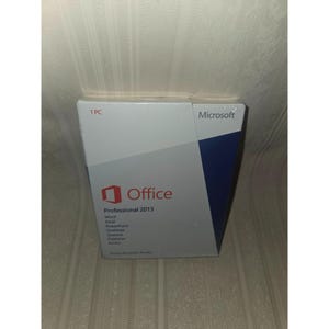 May include: A white and blue Microsoft Office Professional 2013 software box. The box features the Office logo in red and the Microsoft logo in the upper right corner. The box includes Word, Excel, PowerPoint, OneNote, Outlook, Publisher, and Access.