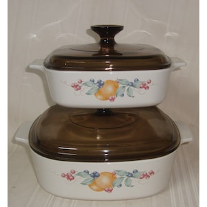 CORNING WARE Set Of 2 ABUNDANCE Fruit Casserole Baking Dish 1 & 2 Liter w/lids
