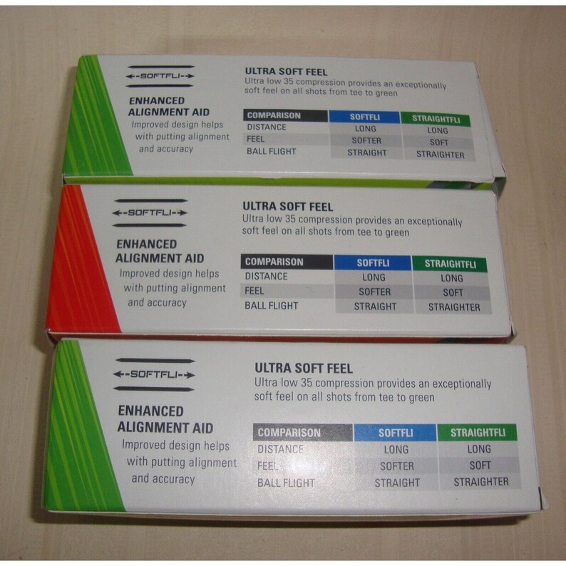 May include: Three boxes of golf balls with a green, red, and green background. Each box has the text "Ultra Soft Feel" and "Enhanced Alignment Aid" with a comparison chart of distance, feel, and ball flight. The chart shows the comparison between "Softfli" and "Straightfli" for each category.