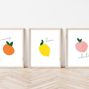 Set of Three Spanish Fruit Prints, Orange Lemon Peach, naranja melocotón limón, A1 A2, abstract fruit, art print, modern wall art