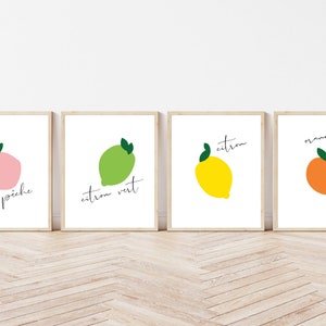 Set of Four French Fruit Prints Peach Lemon Lime Orange, Citron Peche Citron Vert, upto A1, french, abstract, modern, fruit, kitchen