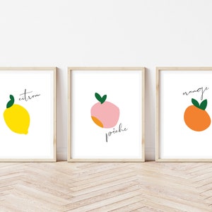 Set of Three French Fruit Prints, Citron Peche Orange Peach Lemon, available in many sizes, abstract fruit, french print, art print, modern