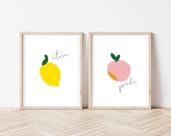 Citron and  Pêche set of Prints, large size prints, art, kitchen, living room, food art, fruit lemon, peach, french, modern, contemporary
