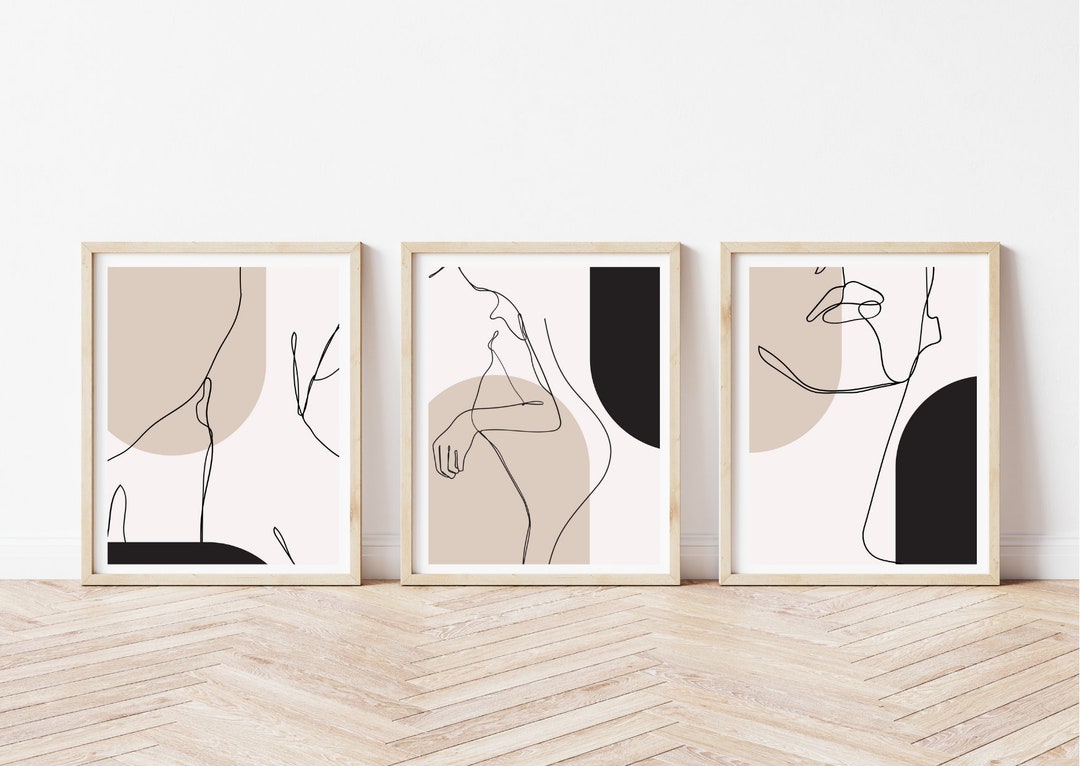 Set of Three Abstract One Line Prints, Large Scale, Female Body, Beige ...