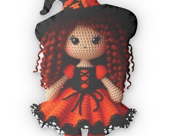 Witchy Crochet Doll - Halloween Amigurumi Witch with Orange Dress and Black Hat, Shaped Pillow