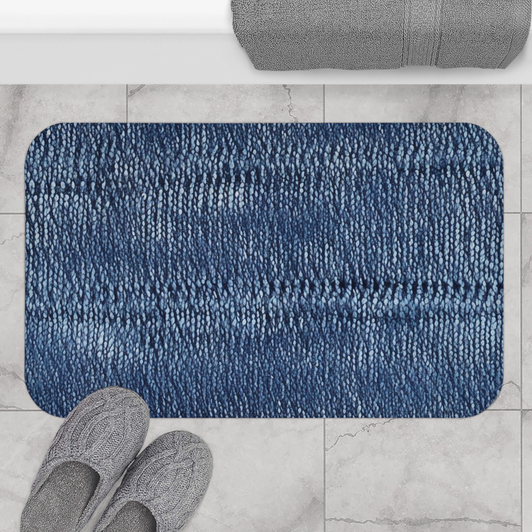 Compass Denim Blue & Brown Bath Mat – Covered By Rugs
