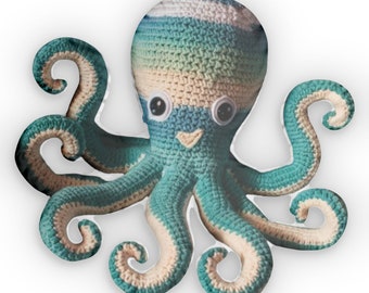 Octopus lichtblauw katoen, gevuld zeedier, zachte sculptuur, pluche octopus, gehaakt octopus speelgoed, octopus liefhebbers cadeau, gevormd kussen