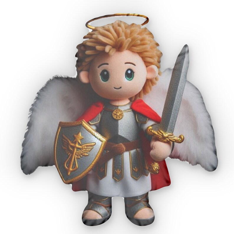 Poupée Saint Michel avec cheveux blonds, épée et bouclier, cadeau en peluche, coussin en forme image 2