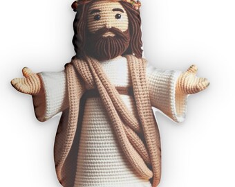 Poupée Jésus au crochet, poupée catholique au crochet, poupée Jésus Amigurumi, cadeau de première communion, cadeau de baptême, cadeau catholique pour bébé, coussin en forme