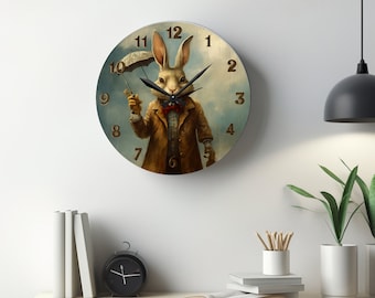 Old Rabbit Wearing Coat and Holding Umbrella Acrylic Wall Clock