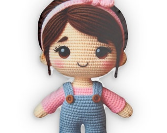 Adorable poupée au crochet avec salopette rose, amigurumi, premier jouet parfait, cadeau d'anniversaire, compagnon de chambre d'enfant, oreillers en forme