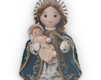 Poupée peluche Marie Notre-Dame, Reine du Ciel, coussin en forme