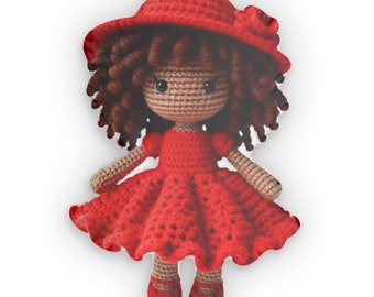 Black Lady Crimson Crochet Doll with Curly Locks - Amigurumi Character in Red Dress, Shaped Pillow