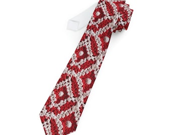 Warm Winter Red & White Crochet Knit: Cinematic Chic Texture Design - Necktie