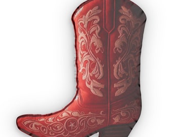 Coussin brodé en forme de bottes style western rouge