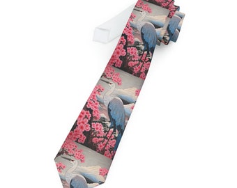 Sakura Blossoms & Crane Kimono Necktie - Artisanal Japanese Craft, Elegant Gift for Dad, Traditional Indigo Neckwear for Men