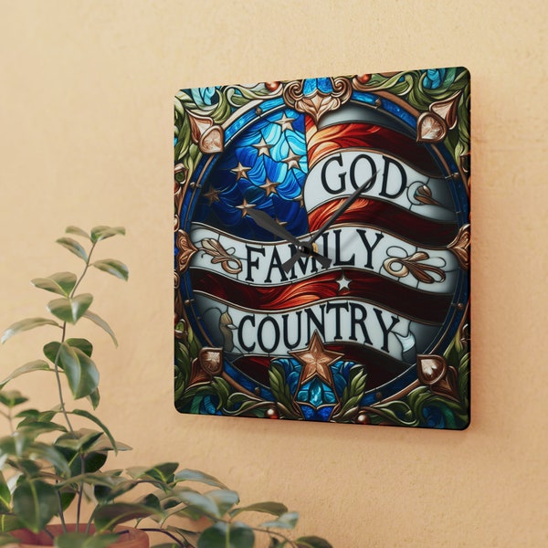 God, Family Country, Faux Stained Glass, Acrylic Wall Clock