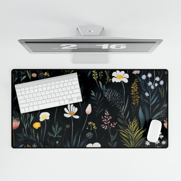 Delicate Wispy Wildflowers on Noir Black - Desk Mats