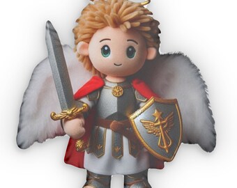 Poupée Saint Michel avec cheveux blonds, épée et bouclier, cadeau en peluche, coussin en forme