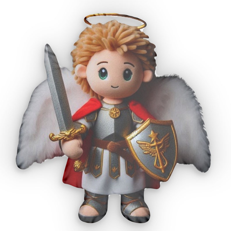 Poupée Saint Michel avec cheveux blonds, épée et bouclier, cadeau en peluche, coussin en forme image 1