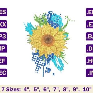 Sunflower embroidery designs for machine, Sunflower embroidery pattern, Flower machine embroidery design, Floral embroidery pattern