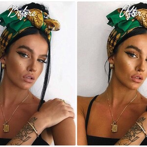 May include: A before and after photo of a person wearing a green and gold patterned headscarf. The person has dark hair and is wearing a gold necklace and bracelet. The photo on the left shows the person's natural skin tone, while the photo on the right shows the person with a tan.