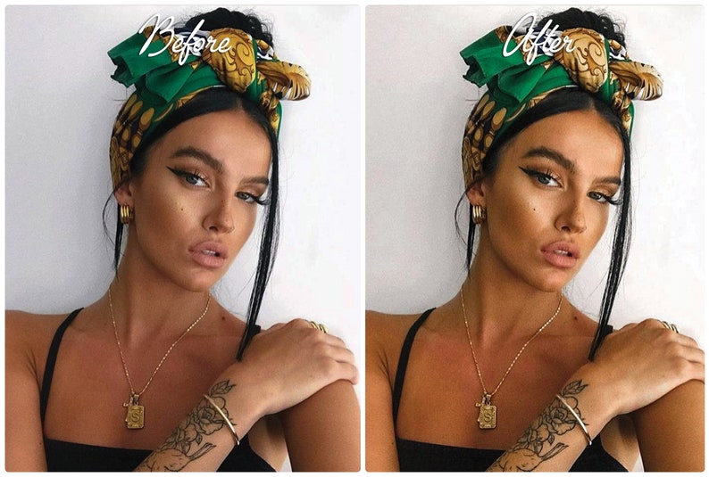 May include: A before and after photo of a person wearing a green and gold patterned headscarf. The person has dark hair and is wearing a gold necklace and bracelet. The photo on the left shows the person's natural skin tone, while the photo on the right shows the person with a tan.