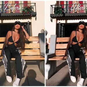 May include: A woman wearing a black bodysuit with a cut-out design, black and white striped pants, a black baseball cap, and white sneakers sits on a wooden bench. The sign above her reads "Before" and "After".