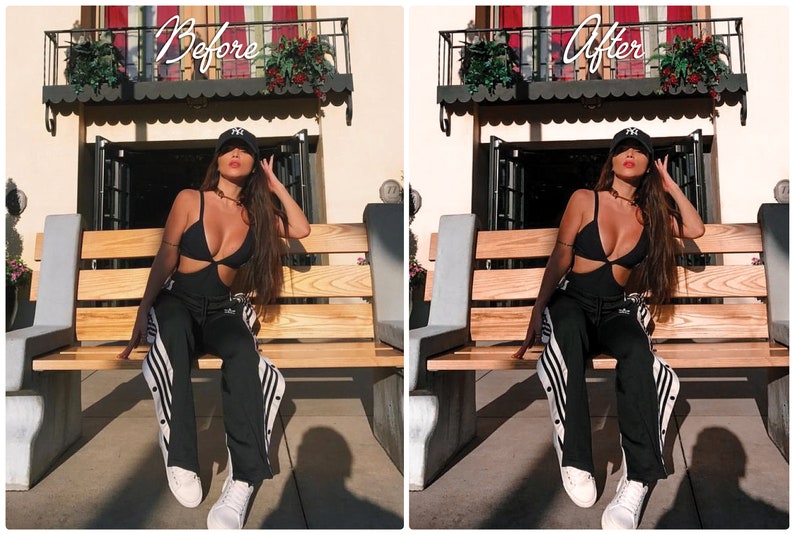 May include: A woman wearing a black bodysuit with a cut-out design, black and white striped pants, a black baseball cap, and white sneakers sits on a wooden bench. The sign above her reads "Before" and "After".