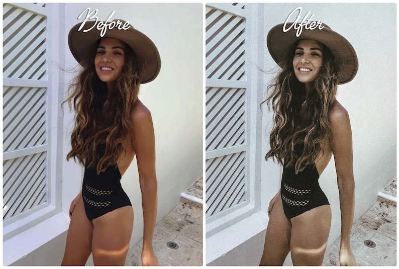 May include: A woman wearing a black swimsuit with a mesh design and a wide-brimmed brown hat. The woman is standing in front of a white wall with a slatted window.