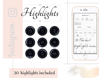 Puede incluir: Un conjunto de 20 iconos de destacados de Instagram en blanco y negro con acentos florales. Los iconos incluyen una cámara, un corazón, un avión, un grupo de personas, una estrella, un teléfono, labios, una huella de pata, y más. Los iconos se muestran sobre un fondo blanco con el texto "Highlights" y "20 highlights included".