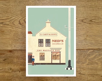May include: Illustration of a pub called Ned's, with the text "E. Carty & Son's" above the entrance. The pub has a light green background and a seagull on a pole. The words "The Maypole Bar" are also visible.