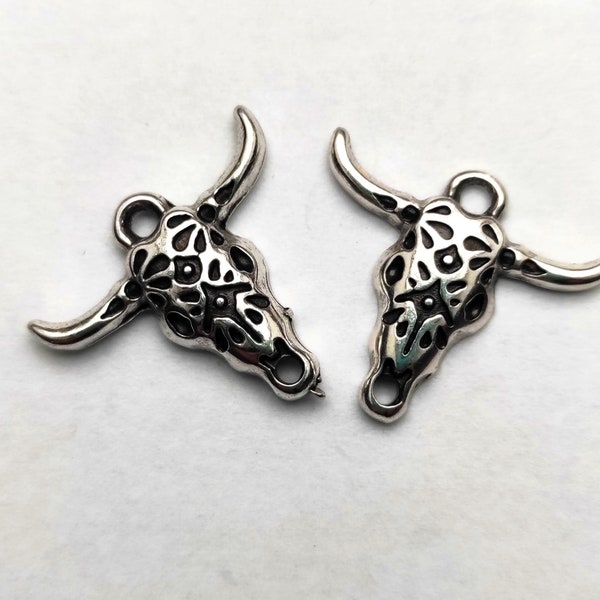 Buffle,Longhorn Charms Cow Skull Connector Pendants Antiqued Silver Charms Southwestern Charms 4pcs