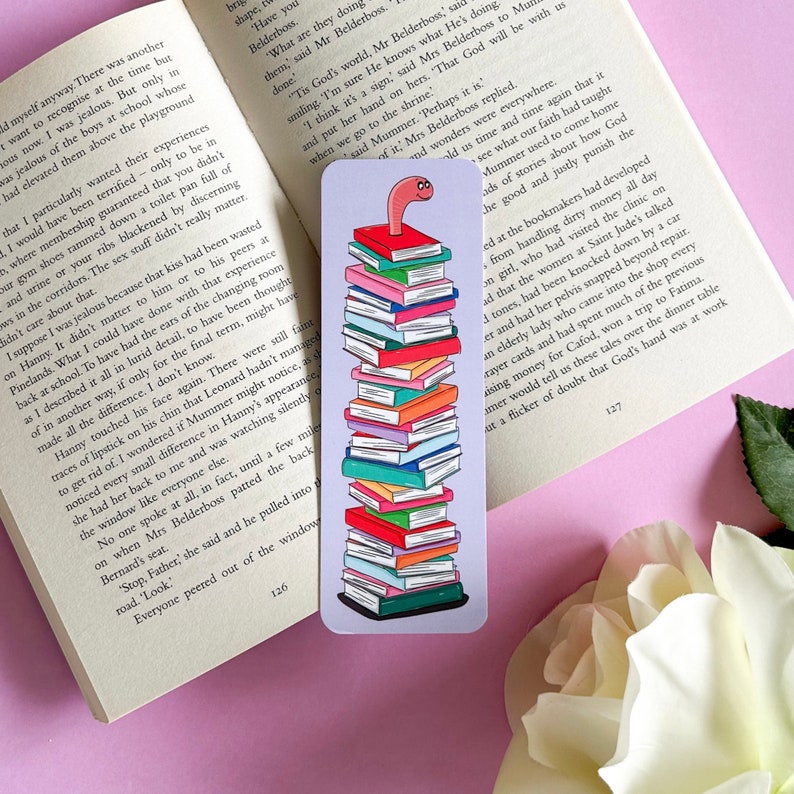 Bookworm Bookmark / Pile of Books Bookmark / Booklover image 1