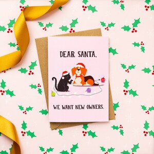 Queremos novos proprietários | Animais de estimação no Natal | Cartão de Natal engraçado