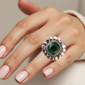 Handmade Lab Emerald Sterling Silver Ring: Elegant Green Gemstone
