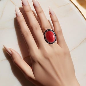 Coral Silver Hue Ring - 925 Sterling Silver Handmade Statement Ring, Gift for Her, Boho Vintage Ring for Women, Handcrafted Jewelry