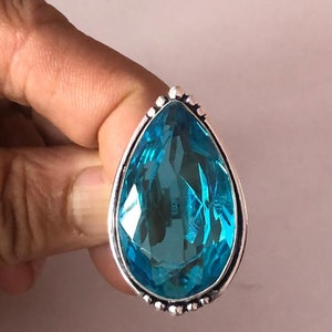 Blauer Topas Silber Riesiger Ring 925 Sterling Silber Ring Handgefertigter Silberring, Geschenk für Sie Ring für Frauen, Handgefertigter