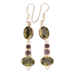 Smoky Quartz & Amethyst Dangle Earrings: 925 Sterling Silver Boho Jewelry