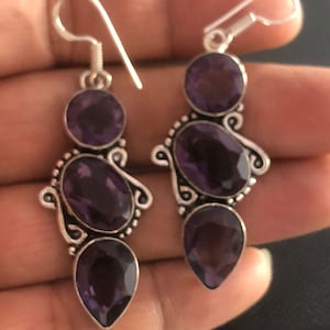 Amethyst Silver Earrings | Natural Amethyst Gemstone Jewelry | 925 Sterling Silver Dangle Earrings | Purple Crystal Earrings | Gift for Her