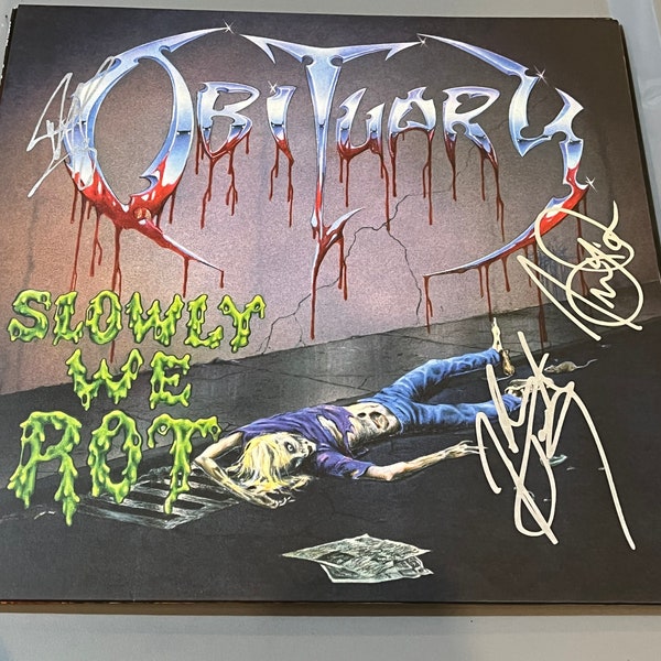 Donald Tardy, John Tardy & Trevor Peres Signed Autographed OBITUARY Slowly We Rot Record Album LP