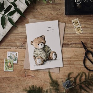 Personalised Childrens Age Birthday Teddy Bear Vintage Feel Celebration Personalised Friendly Card