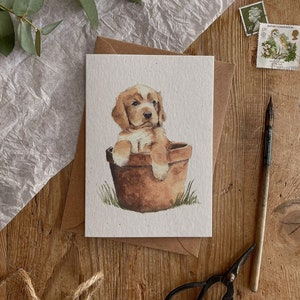 Filhote de cachorro cocker spaniel rubi vermelho fofo em vaso de planta feliz aniversário 100% cartão ecológico reciclado