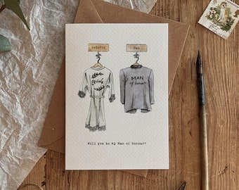 Personligt akvarell "Will You Be My Man of Honour"-hälsningskortsdesign, miljövänligt hälsningskort