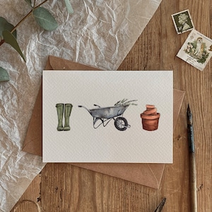 Botas de agua de jardinería, carretilla, macetero Diseño ecológico Tarjetas de felicitación