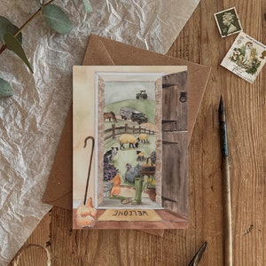 Tarjeta de cualquier ocasión con vista de granja, ilustración de campo, ecológica