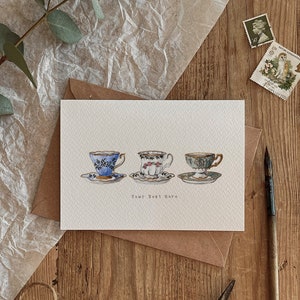 Biglietto d'auguri personalizzato per tazze da tè vintage con acquerello