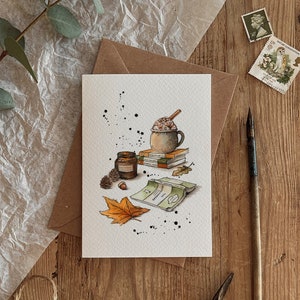 Noches Acogedoras / Libros y Chocolate Caliente Ilustración Otoño / Invierno Tarjeta Ecológica Cualquier Ocasión, Cumpleaños