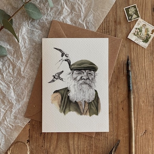 Retrato de anciano granjero con ilustración de golondrinas Tarjeta ecológica para cualquier ocasión