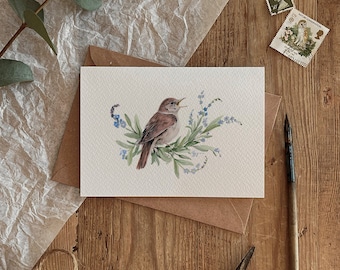 Nightingale and Forget-me-nots Bird Floral Design Eco Friendly Greeting Card